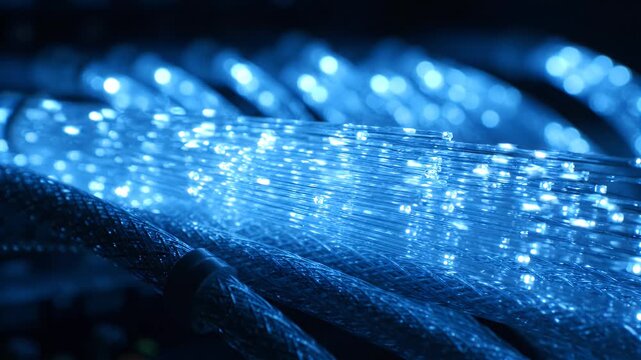 Close-up of Glowing Blue Fiber Optic Cables - This video shows a close-up view of multiple illuminated blue fiber optic cables with textured insulation.