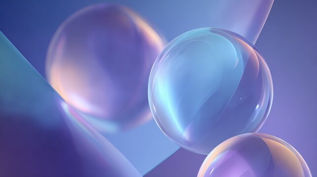 Abstract composition of transparent orbs and geometric shapes in blue tones