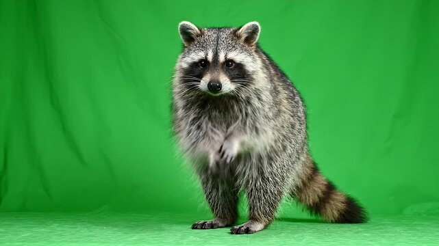Furry Raccoon Standing On Green Background Chroma Key - A fluffy raccoon stands centered on a bright green background with a wrinkled texture.