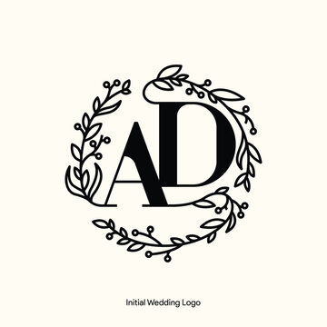 Elegant Floral AD Initial Wedding Logo Monogram with Botanical Wreath