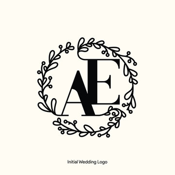Elegant Floral AE Initial Wedding Logo Monogram with Botanical Wreath