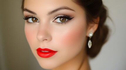 Fototapeta premium Beautiful woman portrait featuring professional makeup with vibrant red lipstick and sharp winged eyeliner in a clean soft focus style