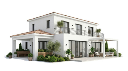 Fototapeta premium Elegant mediterranean style villa exterior with terracotta tiled roof and beautiful landscaped garden patio space.