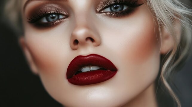 Beautiful woman face with professional makeup featuring dark red lipstick and dramatic smoky eye shadow in a close up portrait