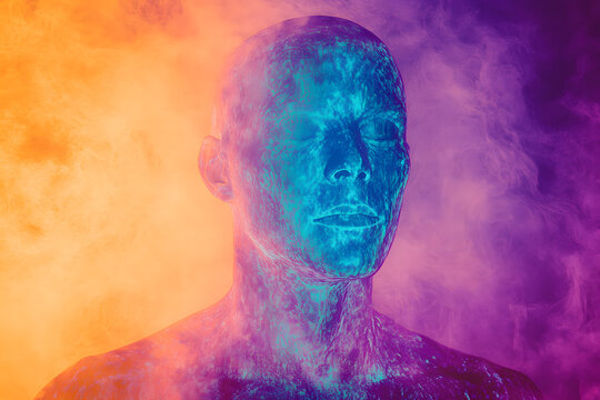 Thermal Imaging View of Anonymous Human Face with Blue and Orange Heat Map Colors, Split Temperature Concept with eye closed feeling air