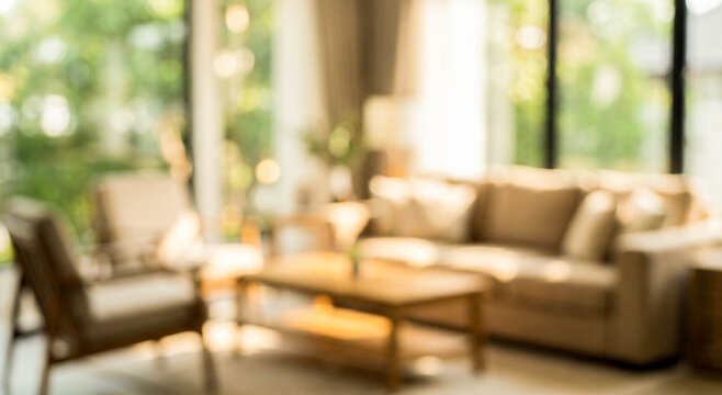 A blurred image of a bright and airy living room featuring a cozy sofa, a wooden coffee table, and large windows that let in natural light.
