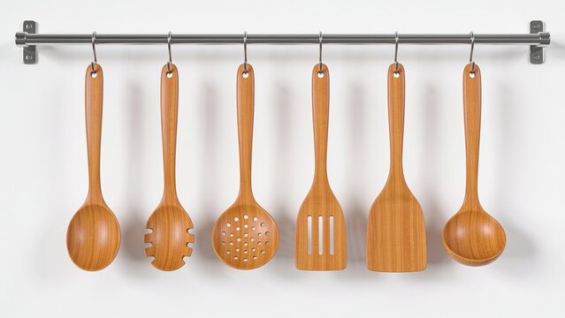 Wooden kitchen utensils hang on a metal rack against a white wall.