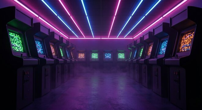 Empty retro arcade room at night with glowing game screens and colorful neon lights, nostalgia concept