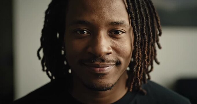 Smiling man with dreadlocks in a softly lit room, exuding warmth and positivity