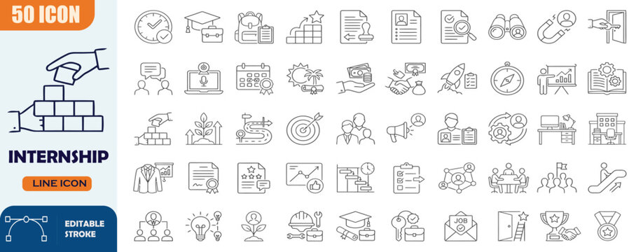 Internship icon set in outline style. Containing internship, student trainee, resume, interview, onboarding, career development, mentorship, training, job application, and professional growth icons. 