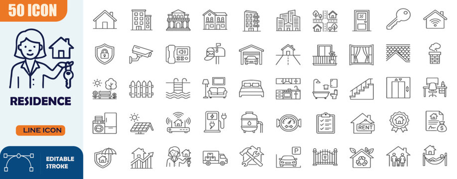 Residence icon set in outline style. Containing house, apartment, smart home, property management, home security, rent, real estate, residential building, and home service icons. Editable stroke.