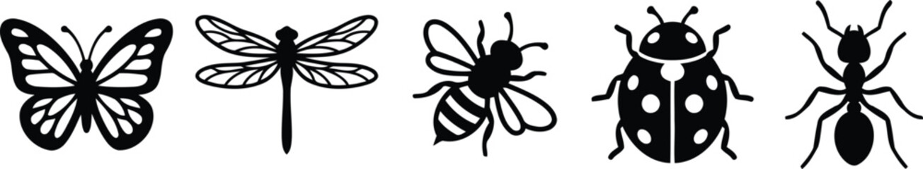 Set of various insect silhouettes including butterfly, dragonfly, bee, ladybug and ant © Top Stock