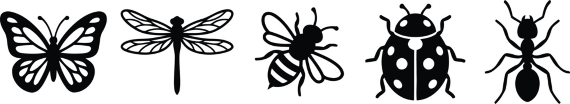 Set of various insect silhouettes including butterfly, dragonfly, bee, ladybug and ant