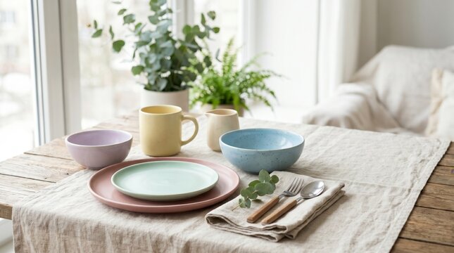 Premium Refined Aesthetic in Soft Pastel Tones, A cozy dining setup featuring colorful dishes and a plant on a wooden table.