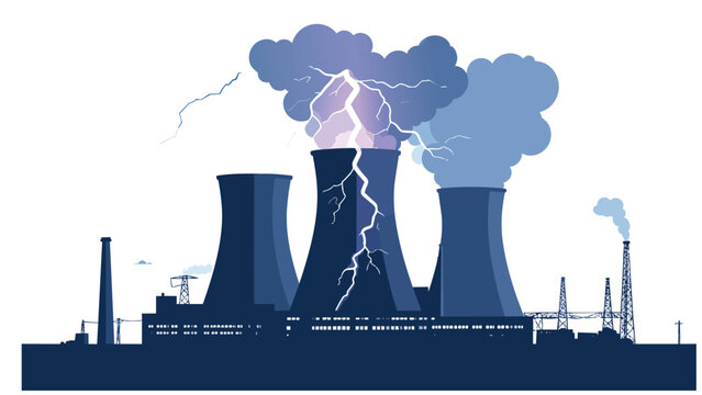 Industrial nuclear power plant cooling towers with dramatic electric lightning and storm clouds, powerful energy infrastructure illustration representing industrial power concepts
