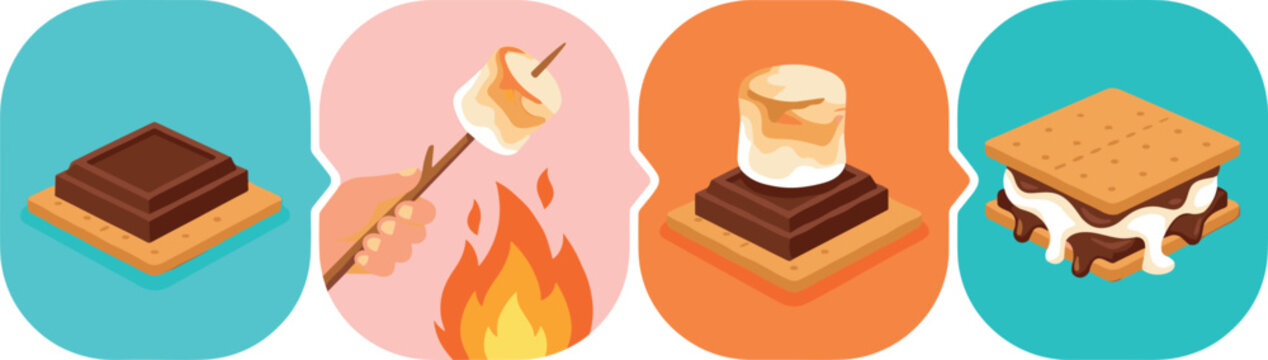 Smores Recipe Step by Step Infographic Icon Set with Roasted Marshmallow on Stick Campfire Fire Flame Melting Chocolate and Graham Cracker Vector Illustrations
