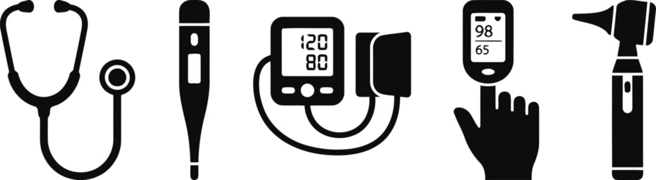 Set of medical diagnostic equipment icons including stethoscope, thermometer, blood pressure monitor, pulse oximeter and otoscope