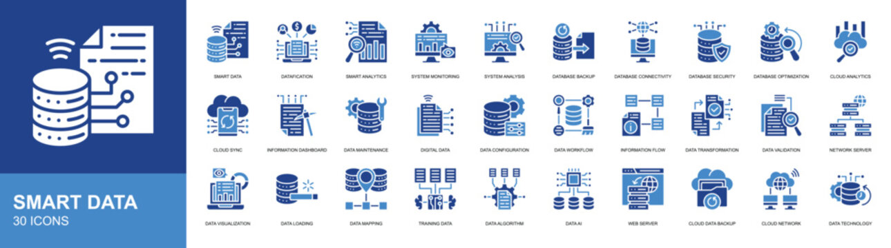 Smart Data icon set collection. image generation, artificial intelligence, ai technology, visualization icon. Simple glyph color vector.