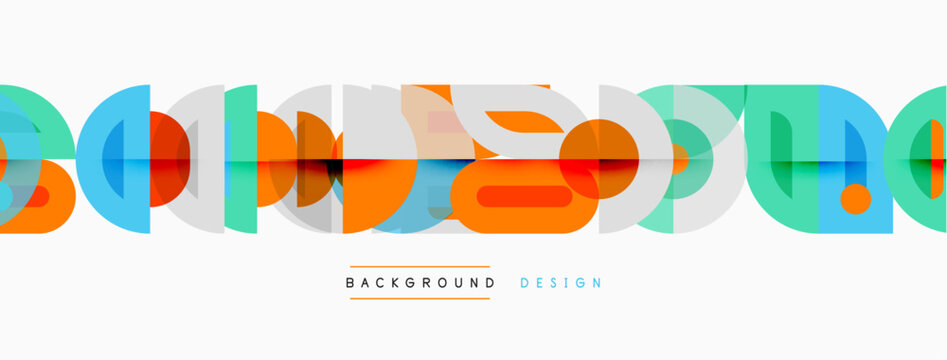 Geometric shapes create modern background. Blue, orange, teal colors dominate design. Minimalist style, clean lines present.