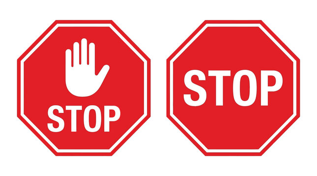 Two bright red octagonal traffic stop signs featuring white text and a palm hand graphic