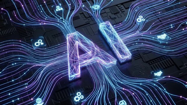 &ldquo;AI&rdquo; text with flowing data streams on dark black background, representing agentic AI, business automation workflows, digital transformation innovation concept, 4K video