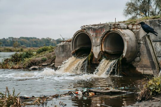 River pollution caused by wastewater flowing from concrete drainage pipe with crow