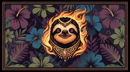 Fototapeta premium Sloth Head Illustration with Floral Background and Flames