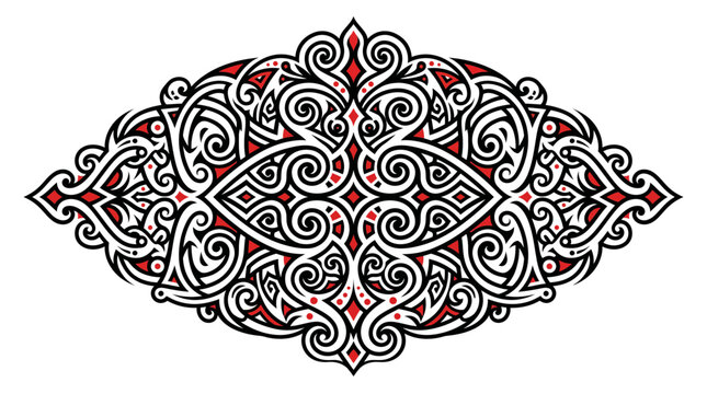 Traditional Dayak Tribal Inspired Ornament with Bold Geometric Curves, Black Outlines, and Minimalist Red Accents, Borneo Ethnic Style Graphic Illustration