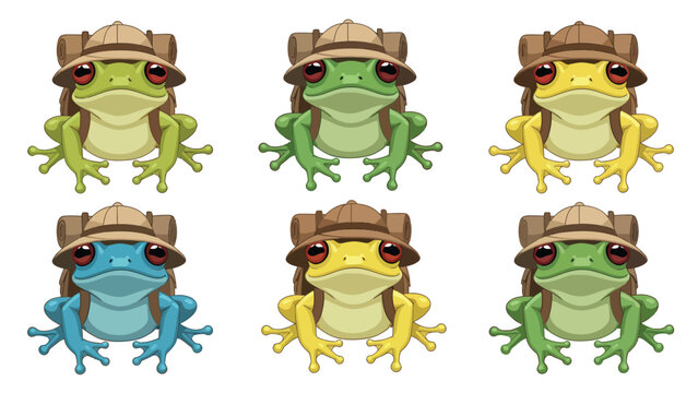 Six cartoon frogs dressed as explorers with backpacks and hats, presented in a grid.