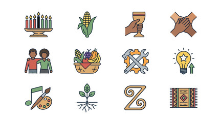 Colorful icons representing culture, food, and creativity © Manu
