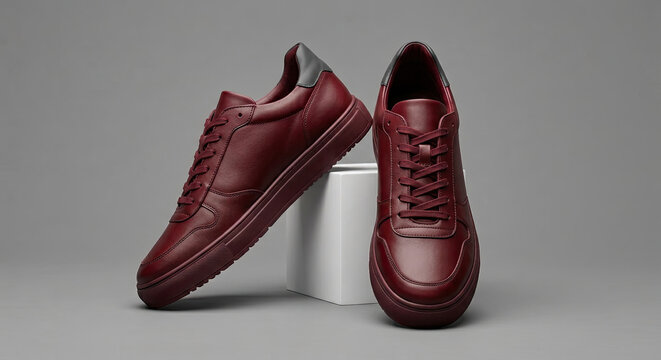 A pair of red leather shoes on a white block indoors