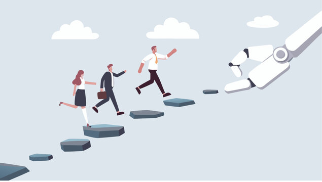 Business professionals walking on stepping stones placed by a robotic arm representing artificial intelligence assistance and career growth support concept