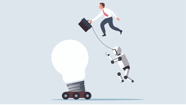 Corporate worker and robot collaborating to transport a large glowing lightbulb on wheels as a symbolic representation of innovative business solutions