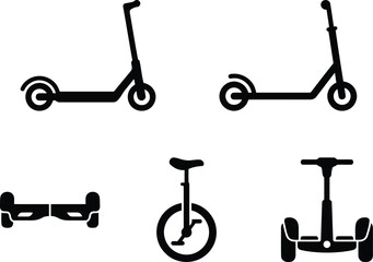 Set of electric personal transport icons, including electric scooters, hoverboard, unicycle and segway, black silhouettes © Top Stock