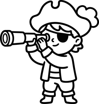 Cute cartoon pirate child with eye patch and spyglass, looking for adventure