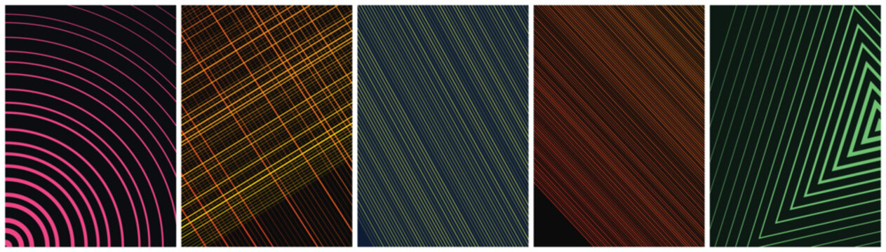 Set of five modern abstract geometric line patterns for digital design backgrounds.