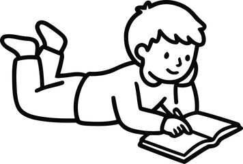 Young boy lying down reading a book, cartoon style, black and white © Matcha