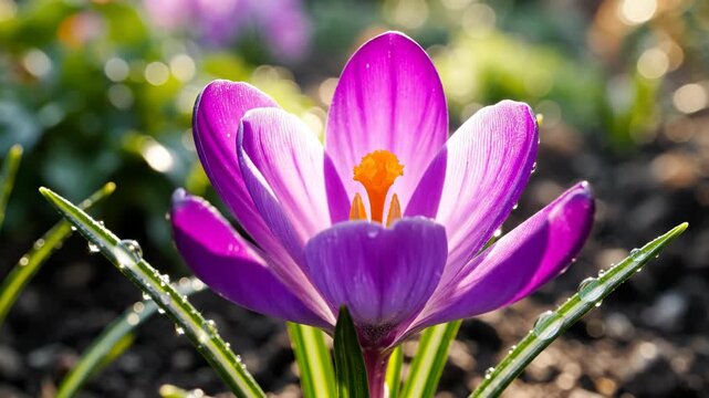 Close-up macro of purple crocus bud blooming in spring garden; dew drops on green leaves with bokeh background in golden morning sunlight and dark soil.