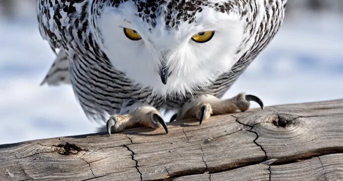 Snowy owl perched on a weathered log in a snowy landscape, showcasing its sharp talons and plumage