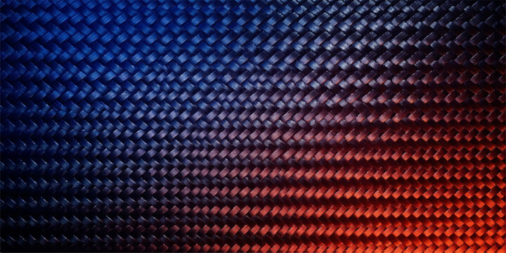 Woven carbon fiber material texture with blue and orange illumination high tech background material abstract industrial gradient metallic composite synthetic structure wallpaper close