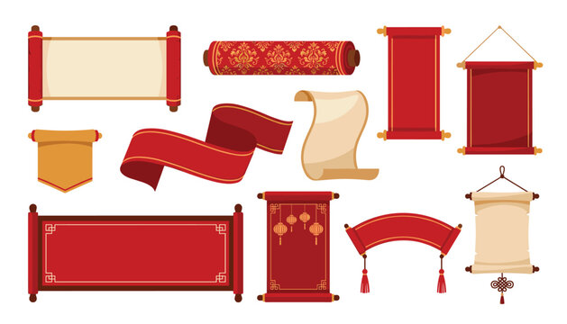 Traditional Chinese scrolls and red ribbon banners set. Paper, parchment, lantern, tassel, pattern, gold, ornament and decoration.