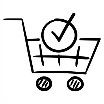 Hand-drawn shopping cart doodle style with a checkmark, symbolizing successful online purchases and completed orders.