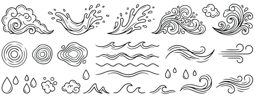 Hand drawn water wave icons set, black ink splash and ripple sketches, ocean sea surf and liquid drop vector illustrations for nautical design