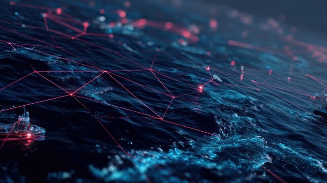 Digital network connection over a dark ocean with ships and red glowing nodes, illustrating global connectivity and technology. ..Created with Generative AI, not depicting real subjects.