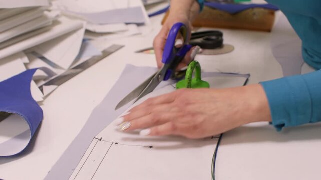 Dressmaker drafter. Atelier workflow. Woman cut pattern with scissors on studio table. Seamstress preparing garment pieces for sewing.