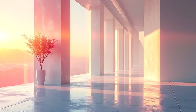 Serene interior with columns at sunrise.