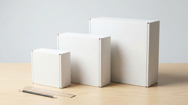 Three white boxes showing a size comparison on a wooden table