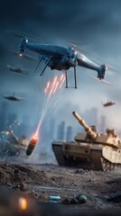 Obraz premium A military drone unleashes a barrage of fire upon a tank during a fierce combat operation. ..Created with Generative AI, not depicting real subjects.