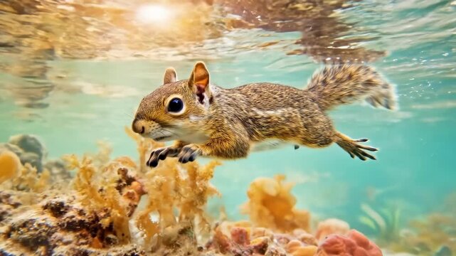 Happy squirrel swimming underwater with coral and bubbles around its head. Small aquatic mammal exploring the ocean floor. Wildlife animal adventure concept for nature or children's book.