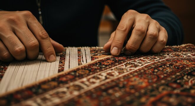 A person weaving a traditional rug with hands on a loom indoors